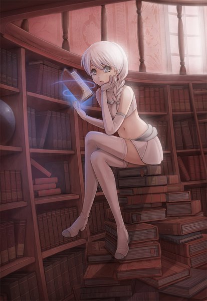 Anime picture 1150x1668 with original sunimu single tall image looking at viewer sitting bare shoulders indoors braid (braids) bare belly midriff grey eyes crossed legs girl thighhighs skirt gloves navel white thighhighs elbow gloves