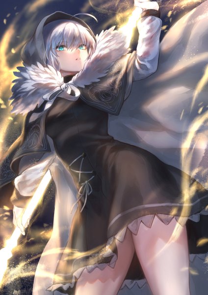 Anime picture 1302x1842 with fate (series) fate/grand order lord el-melloi ii case files gray (fate) mashuu (neko no oyashiro) single tall image looking at viewer fringe short hair breasts hair between eyes standing holding silver hair ahoge parted lips arm up aqua eyes from below