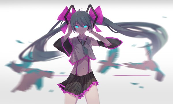 イラスト 5000x3000 と ボーカロイド 初音ミク yyb ソロ カメラ目線 前髪 highres simple background hair between eyes wide image 立つ 白背景 ツインテール payot absurdres アホ毛 very long hair pleated skirt aqua eyes 風