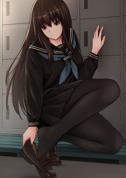 Anime-Bild 800x1130 mit kuro senpai to kuro yashiki no yami ni mayowanai senpai (kuro senpai) kokuryuugan single long hair tall image blush fringe breasts hair between eyes brown hair brown eyes full body indoors long sleeves pleated skirt fingernails kneeling looking down locker room