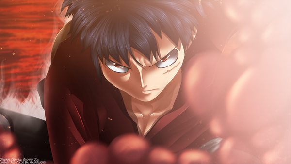 Anime picture 1025x579 with one piece toei animation monkey d. luffy hikarinogiri single looking at viewer short hair black hair red eyes wide image signed coloring scar steam lava boy