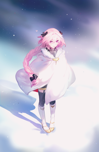 Anime picture 783x1200 with fate (series) fate/apocrypha astolfo (fate) k (sktchblg) single long hair tall image fringe hair between eyes pink hair full body braid (braids) pink eyes from above shadow single braid otoko no ko thighhighs boy bow