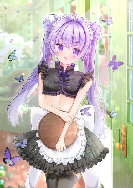 Anime picture 2866x4047 with original ktmzlsy720 single long hair tall image looking at viewer blush fringe highres open mouth hair between eyes standing purple eyes twintails holding payot purple hair ahoge indoors head tilt