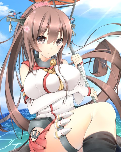 Anime picture 1500x1875 with kantai collection yamato super battleship navy (navy.blue) single long hair tall image blush breasts open mouth light erotic brown hair large breasts bare shoulders holding brown eyes sky cloud (clouds) ponytail pleated skirt hair flower