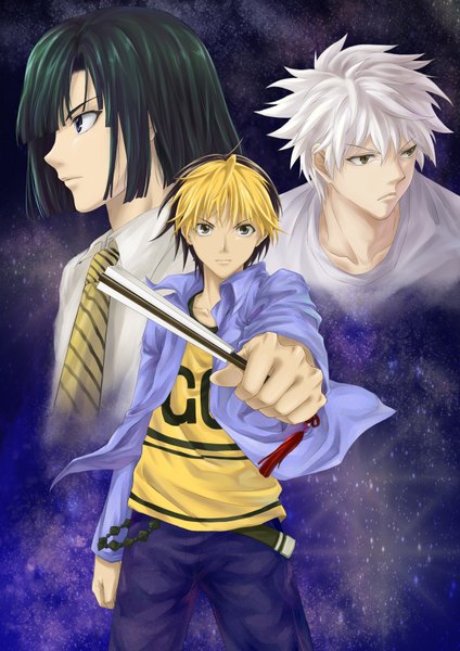 Anime picture 2480x3507 with hikaru no go studio pierrot shindou hikaru akira toya kiyoharu yashiro kanda moyashi tall image highres short hair black hair blonde hair white hair multicolored hair black eyes two-tone hair multiple boys clothes writing boy necktie t-shirt