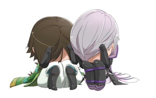 Anime picture 1468x923 with sengoku basara production i.g mitsunari ishida motonari mouri puruko (artist) simple background brown hair white background white hair hand on head chibi hiding boy armor