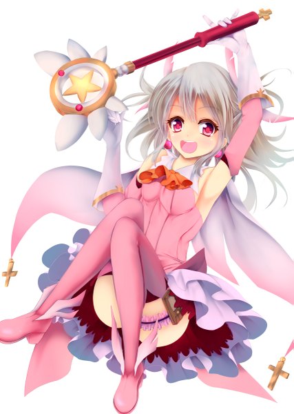 Anime picture 855x1200 with fate (series) fate/kaleid liner prisma illya type-moon illyasviel von einzbern prisma illya magical ruby konkito single long hair tall image looking at viewer blush open mouth simple background red eyes white background white hair armpit (armpits) loli girl