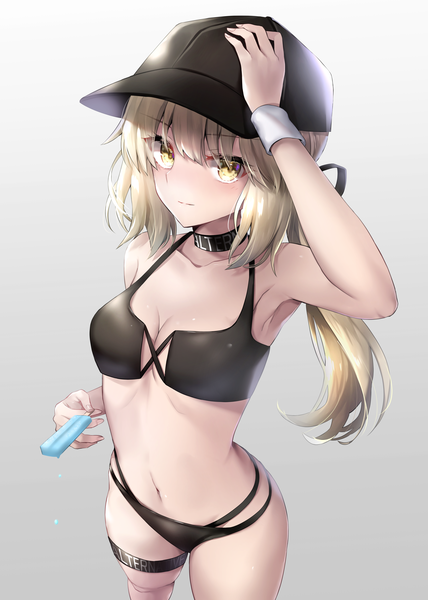 Anime picture 2918x4093 with fate (series) fate/grand order artoria pendragon (all) saber alter hane yuki single long hair tall image looking at viewer blush fringe highres breasts light erotic simple background blonde hair hair between eyes standing holding yellow eyes