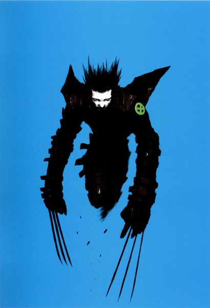 Anime picture 1024x1498 with x-men wolverine wolverine (character) nihei tsutomu single tall image short hair black hair simple background blue background boy weapon