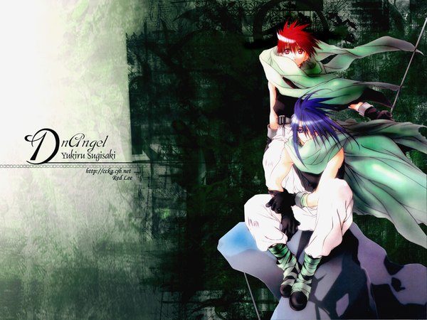Anime picture 1024x768 with d.n.angel xebec niwa daisuke dark mousy sugisaki yukiru looking at viewer short hair red eyes purple eyes signed blue hair red hair multiple boys copyright name third-party edit spiked hair boy gloves weapon sword