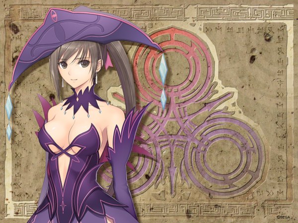 Anime picture 1280x960 with shining (series) shining ark viola (shining ark) tony taka single long hair looking at viewer breasts light erotic black hair bare shoulders payot cleavage upper body ponytail black eyes girl dress hat detached sleeves