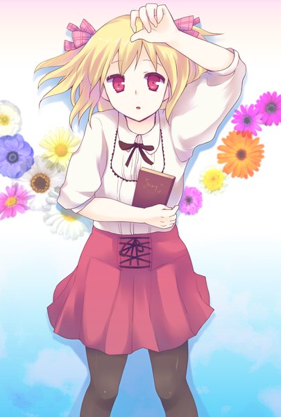 Anime picture 1181x1748 with original gucchiann single tall image short hair blonde hair red eyes girl dress flower (flowers) bow hair bow book (books)