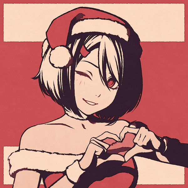 Anime picture 1080x1080 with original moshimoshibe looking at viewer fringe short hair smile hair between eyes red eyes bare shoulders upper body head tilt one eye closed fur trim border christmas red background heart hands bob cut girl dress