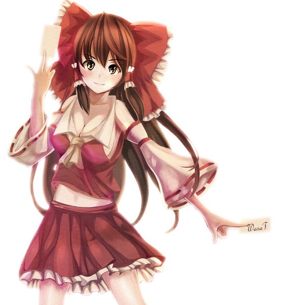 Anime picture 3546x3824 with touhou hakurei reimu kazusa takaki single long hair tall image looking at viewer highres smile brown hair white background signed absurdres cleavage traditional clothes midriff miko girl skirt skirt set