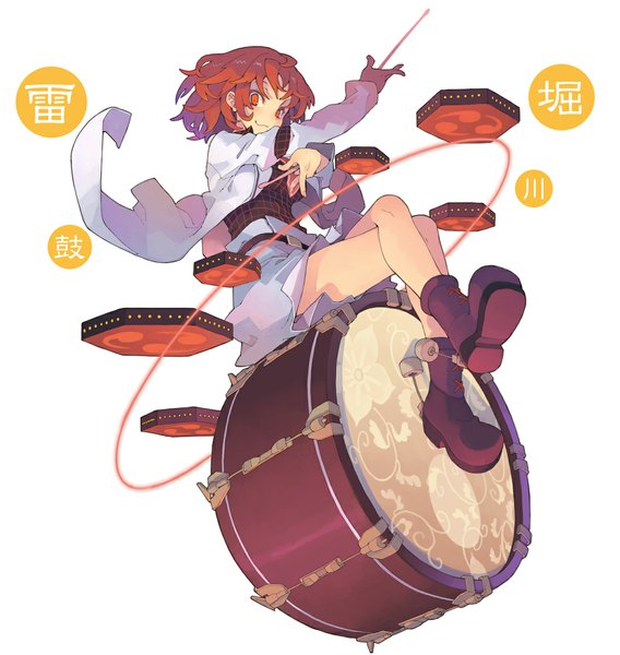 Anime picture 1059x1118 with touhou horikawa raiko morino hon single tall image looking at viewer short hair simple background red eyes white background sitting red hair crossed legs girl boots drum drumsticks