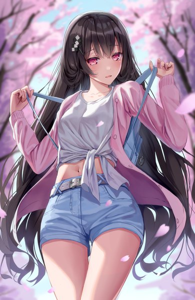 Anime picture 900x1384 with original superpig (wlstjqdla) single long hair tall image looking at viewer blush fringe breasts open mouth black hair hair between eyes standing sky outdoors head tilt blurry open clothes from below midriff