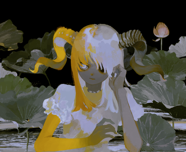 Аниме картинка 1469x1201 с оригинальное изображение azigashimitoru один (одна) длинные волосы смотрит в сторону верхняя часть тела белые волосы разноцветные волосы рог (рога) оранжевые волосы двухцветные волосы частично погруженный белые глаза девушка цветок (цветы) растение (растения) лотос