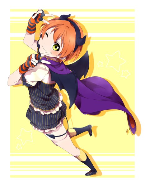 Anime picture 1257x1617 with love live! school idol project sunrise (studio) love live! hoshizora rin sekina single tall image looking at viewer blush fringe short hair smile standing tail one eye closed horn (horns) from above wink orange hair short sleeves