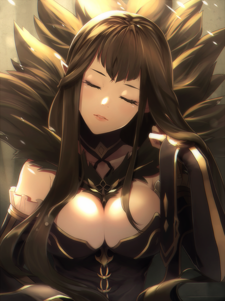 Anime picture 750x1000 with fate (series) fate/apocrypha semiramis (fate) kito koruta single long hair tall image fringe breasts light erotic black hair hair between eyes large breasts payot cleavage upper body eyes closed parted lips head tilt fur trim