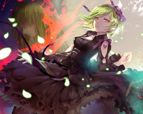 Anime picture 1500x1195 with unlight sheri gabuccc chiyun long hair looking at viewer short hair yellow eyes outdoors green hair wind tattoo light spread arms skirt lift ghost dual persona transparent abstract girl