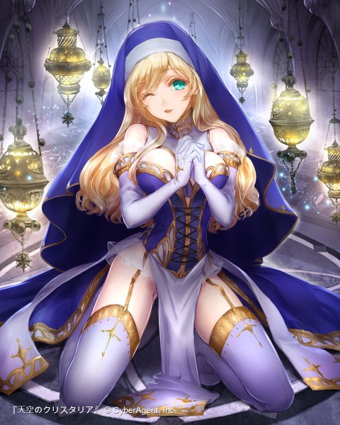 Anime picture 960x1200 with original esha single long hair tall image looking at viewer open mouth blue eyes light erotic blonde hair one eye closed wink nun girl thighhighs dress gloves white thighhighs elbow gloves white gloves