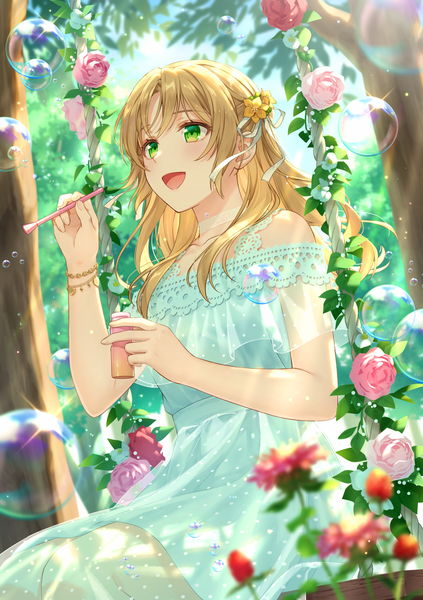 Anime picture 1428x2026 with original bshi edayo single long hair tall image fringe open mouth blonde hair smile sitting holding green eyes looking away outdoors :d arm up hair flower wind sunlight blurry