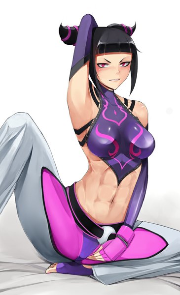 Anime picture 700x1149 with street fighter capcom han juri metalbolic (kinzo) single tall image looking at viewer blush short hair breasts light erotic black hair simple background white background pink eyes bare belly spread legs girl navel