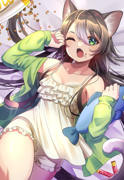 Anime picture 1000x1450 with original ryofuhiko single long hair tall image fringe open mouth hair between eyes brown hair green eyes animal ears tail lying animal tail one eye closed cat ears on back cat girl cat tail cat day