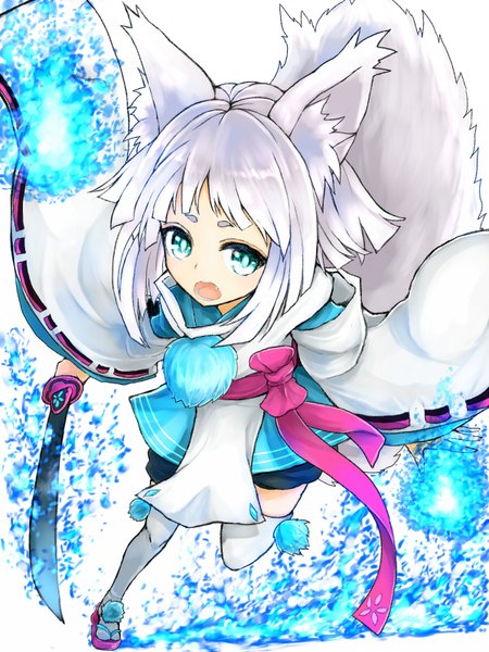 Anime picture 600x800 with tokyo ravens 8bit kon (tokyo ravens) azure luna single tall image fringe short hair open mouth animal ears silver hair bent knee (knees) tail traditional clothes japanese clothes animal tail aqua eyes from above zettai ryouiki fox ears