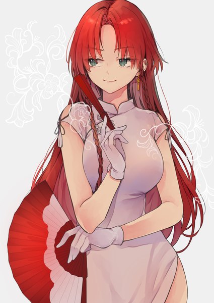 Anime picture 1450x2048 with touhou hong meiling risui (suzu rks) single long hair tall image fringe breasts simple background smile large breasts holding green eyes looking away red hair braid (braids) traditional clothes grey background short sleeves alternate costume