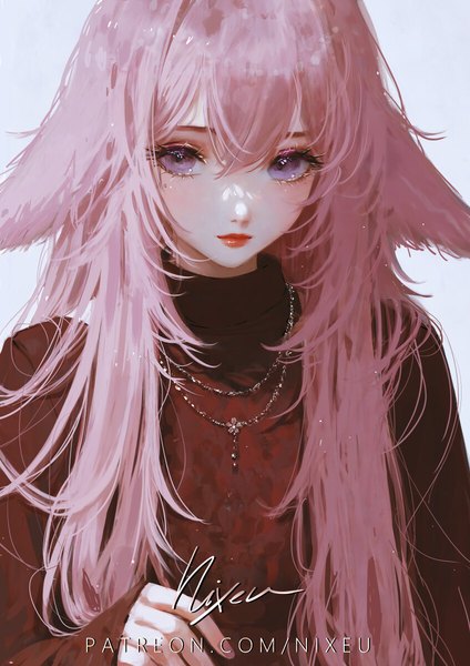 Anime picture 848x1200 with genshin impact yae miko nixeu single long hair tall image looking at viewer blush simple background purple eyes signed animal ears pink hair upper body long sleeves realistic grey background alternate costume lipstick fox ears