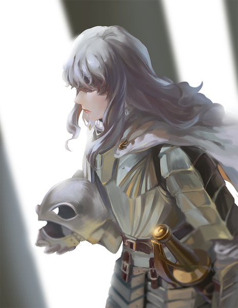 Anime picture 784x1011 with berserk griffith mr.jj single long hair tall image fringe blue eyes holding payot looking away upper body profile from above grey hair blurry walking boy weapon sword