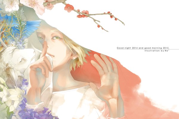 Anime picture 1353x904 with original re (artist) single short hair blonde hair green eyes looking away fingernails finger to mouth plum blossoms boy flower (flowers) plant (plants) animal branch sheep