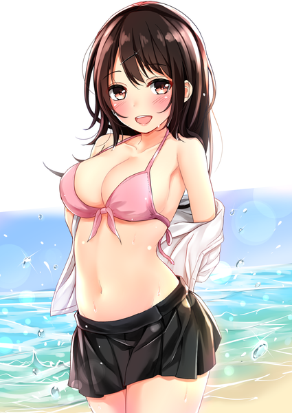 Anime picture 1254x1771 with original pikacchi single long hair tall image looking at viewer blush fringe breasts open mouth light erotic smile hair between eyes brown hair large breasts standing bare shoulders brown eyes sky cleavage