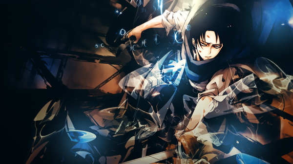 Anime picture 1600x900 with shingeki no kyojin production i.g levi (rivaille) xxajisaixx single looking at viewer short hair black hair wide image wallpaper dark background fighting stance twisty sleeves boy weapon shirt sword white shirt blood cape