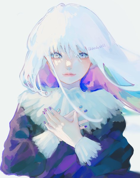 Anime-Bild 2999x3813 mit original bedr2221 single long hair tall image looking at viewer highres blue eyes signed upper body white hair nail polish multicolored hair lips twitter username hand on chest colored inner hair multicolored nail polish girl