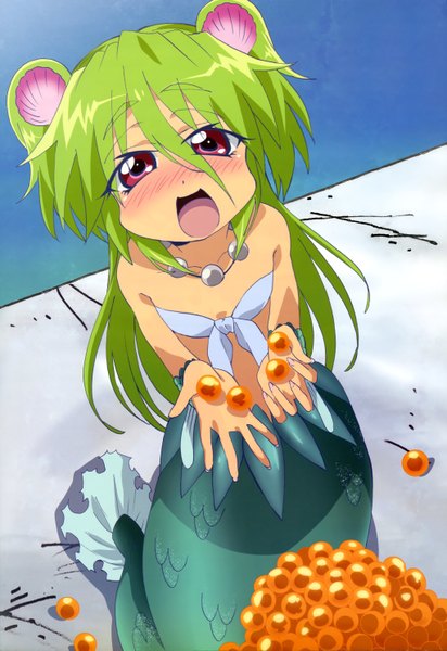 Anime picture 4085x5945 with namiuchigiwa no muromi-san nyantype tatsunoko muromi-san single long hair tall image looking at viewer blush highres open mouth red eyes holding absurdres green hair official art flat chest girl hair ornament water