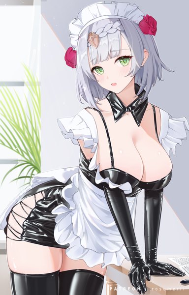 Anime picture 2180x3405 with genshin impact noelle (genshin impact) rosumerii single tall image looking at viewer blush fringe highres short hair breasts open mouth light erotic smile large breasts standing green eyes cleavage silver hair indoors
