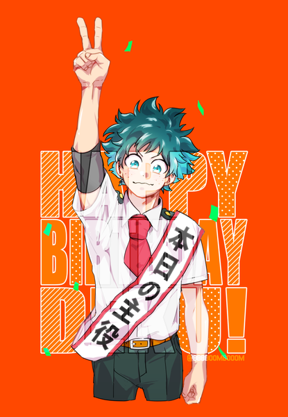 Anime picture 692x1000 with boku no hero academia studio bones midoriya izuku kuso sweets single tall image looking at viewer blush fringe short hair simple background smile standing signed arm up aqua eyes aqua hair character names text hieroglyph