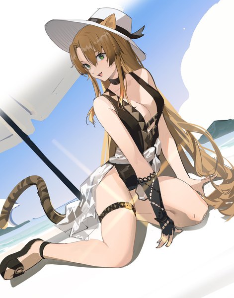 Anime picture 1608x2048 with arknights swire (arknights) swire the elegant wit (arknights) yeyuanqianqianqian single long hair tall image looking at viewer breasts open mouth light erotic brown hair sitting green eyes animal ears payot tail :d animal tail arm support