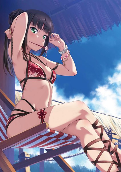 Anime picture 1507x2139 with love live! sunshine!! sunrise (studio) love live! kurosawa dia inou shin single long hair tall image looking at viewer blush fringe breasts light erotic black hair sitting bare shoulders holding green eyes payot sky