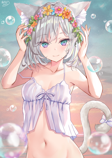 Anime picture 1500x2098 with original akino ell single long hair tall image looking at viewer blush fringe short hair light erotic smile signed animal ears sky silver hair cloud (clouds) outdoors tail animal tail hair flower