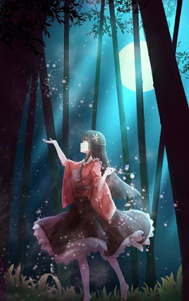 Anime picture 627x1000 with touhou houraisan kaguya byakuya reki single long hair tall image fringe open mouth brown hair standing long sleeves barefoot hair flower night wide sleeves no shoes night sky outstretched arm frilly skirt girl
