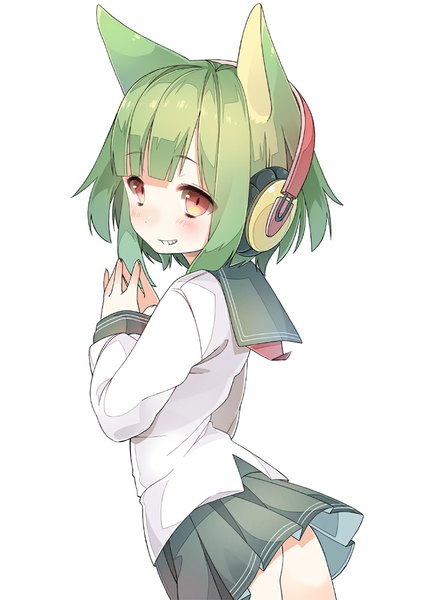 Anime picture 707x1000 with original chitetan single tall image blush fringe short hair light erotic simple background smile red eyes white background animal ears green hair fingers together girl uniform serafuku headphones