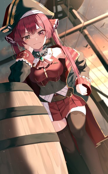 Anime picture 1582x2559 with virtual youtuber hololive houshou marine houshou marine (1st costume) kanzi single long hair tall image looking at viewer blush fringe breasts hair between eyes red eyes large breasts standing twintails bare shoulders yellow eyes sky