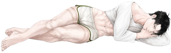 Anime picture 4000x1249 with shingeki no kyojin production i.g levi (rivaille) maeba (hyslove) single highres short hair black hair simple background wide image white background lying eyes closed barefoot on side sleeping muscle boy navel shorts