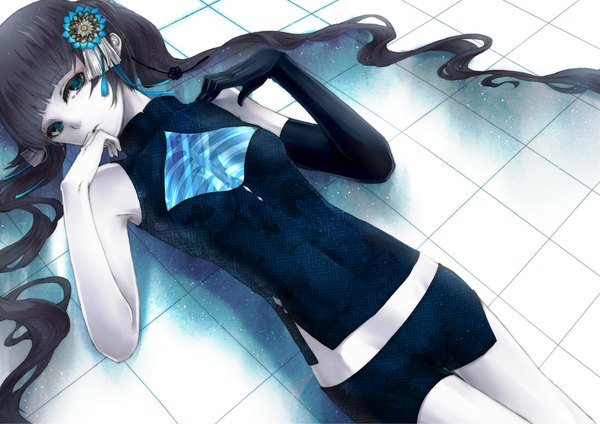 Anime picture 2367x1676 with original natsuiro single looking at viewer highres breasts blue eyes black hair twintails bare shoulders lying very long hair head tilt bare legs on back groin covered navel finger to mouth checkered floor floor
