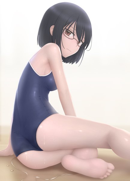 Anime picture 939x1300 with asobi asobase nomura kasumi siraha single tall image looking at viewer blush short hair light erotic black hair sitting brown eyes ass looking back wet girl swimsuit glasses one-piece swimsuit school swimsuit
