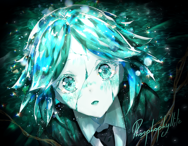 Anime picture 3200x2480 with houseki no kuni phosphophyllite kity1211 tetsu single looking at viewer highres short hair open mouth absurdres aqua eyes aqua hair sparkle character names close-up shiny androgynous crack necktie
