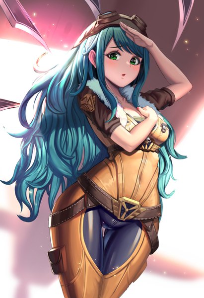 イラスト 894x1304 と league of legends irelia (league of legends) aviator irelia moonandmist ソロ 長髪 長身像 カメラ目線 赤面 緑の目 aqua hair :o short sleeves thigh gap covered navel hand on chest wavy hair goggles on head unzipped 敬礼